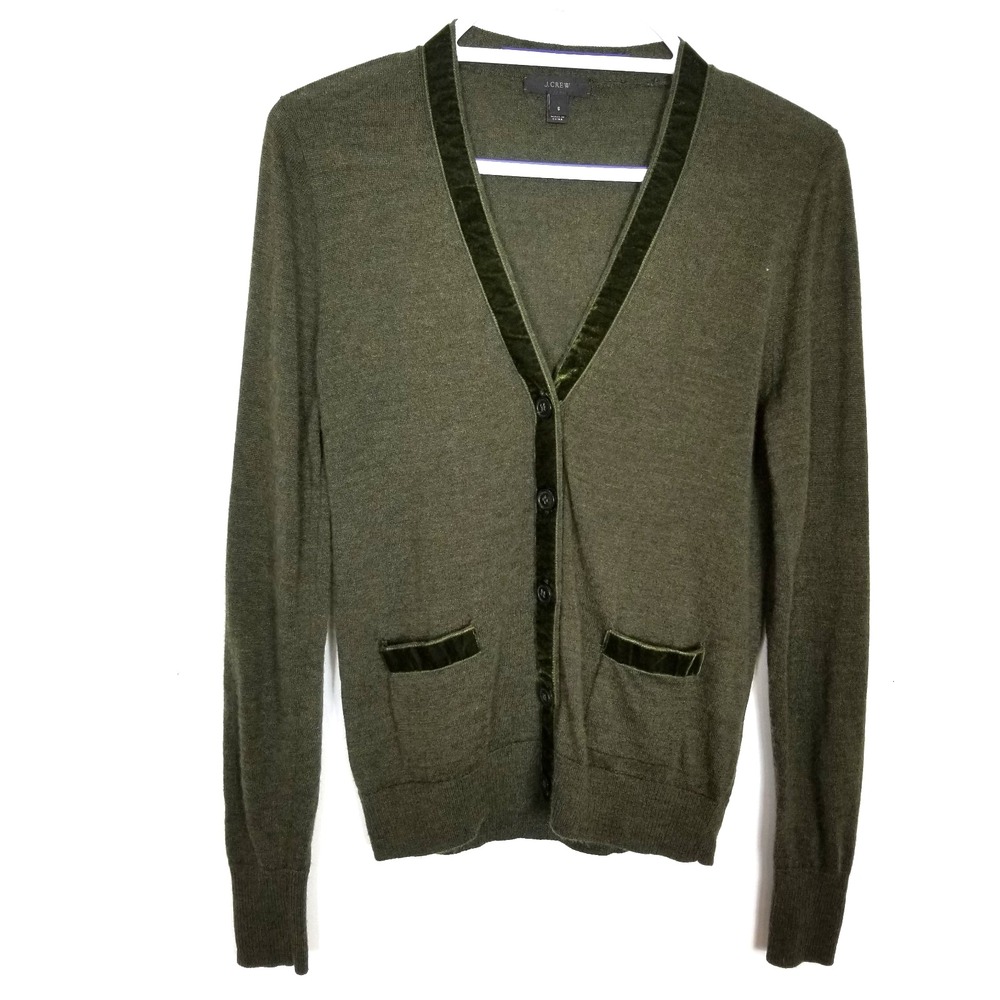 J. Crew Harlow Velvet Trimmed Cardigan Merino‎ Wool Blend Sweater Sz S Green